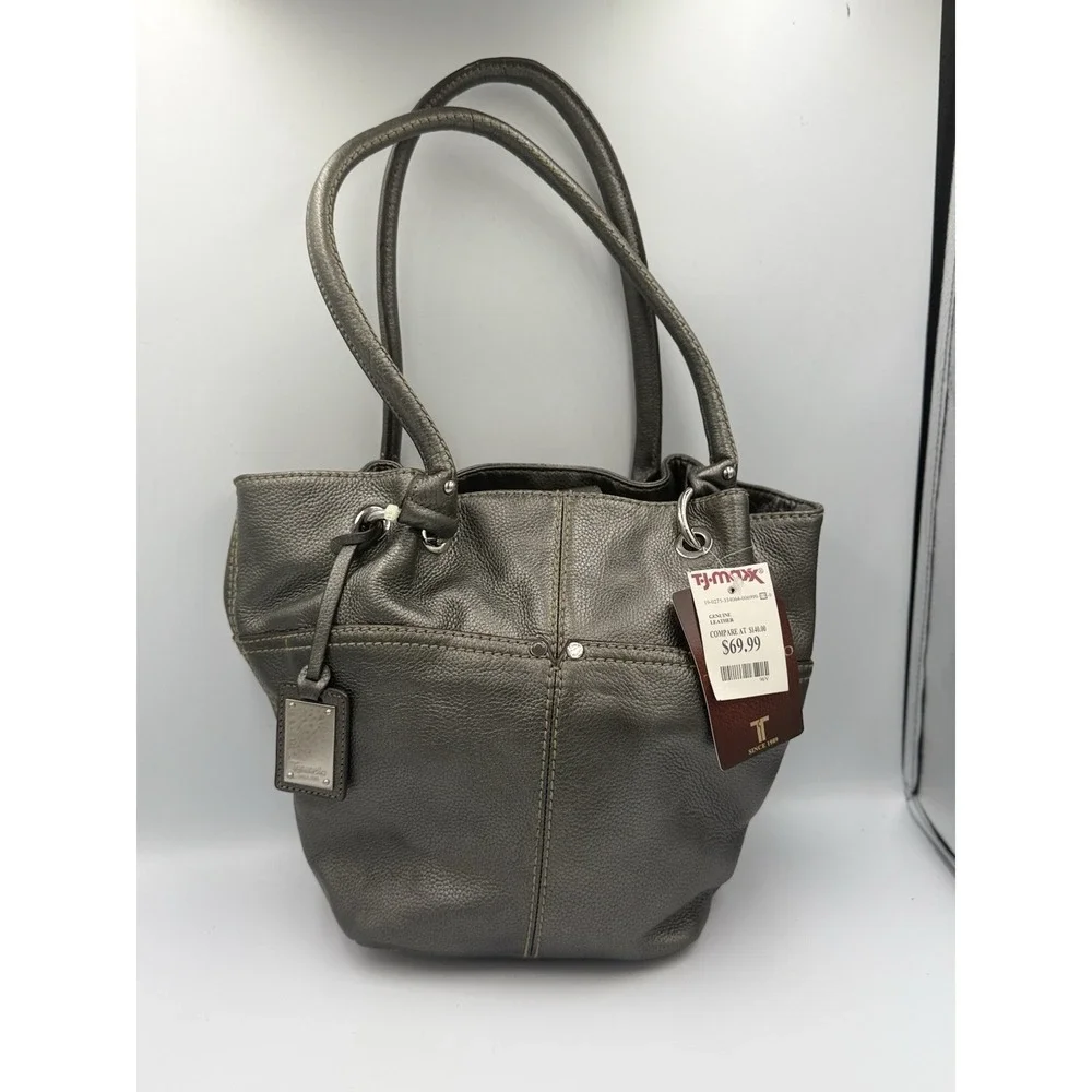 Tignanello Multi Pocket Shoulder Tote Bag Gray Genuine Leather Double Straps NWT